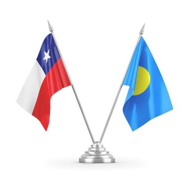 Palau ve Şili masa bayrakları beyaz 3D görüntüleme üzerinde izole edildi