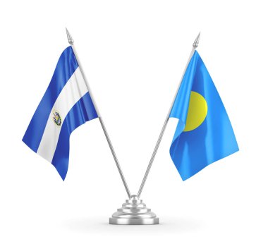 Palau ve El Salvador masa bayrakları beyaz 3D görüntüleme