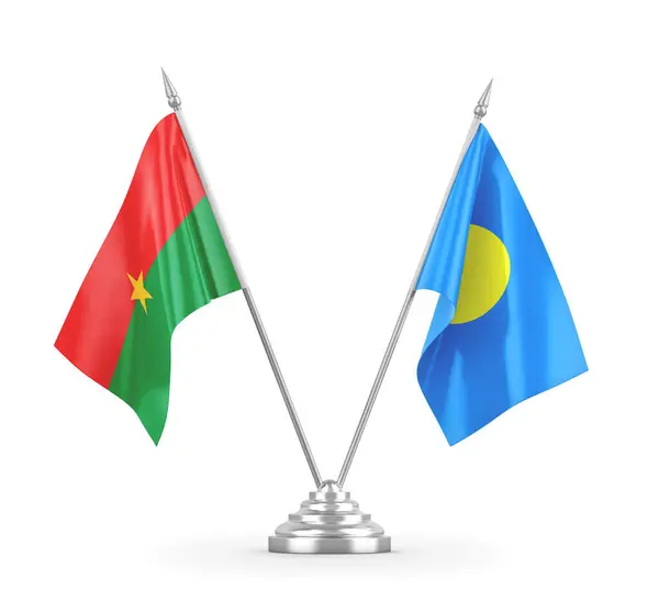 Banderas de mesa Palau y Burkina Faso aisladas en renderizado 3D blanco — Foto de Stock