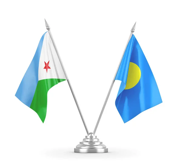 Banderas de mesa Palau y Djibouti aisladas en renderizado 3D blanco — Foto de Stock