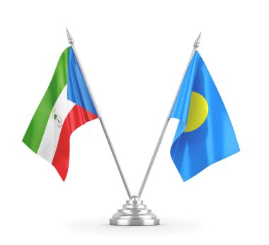 Palau ve Ekvator Gine masa bayrakları beyaz 3D görüntüleme