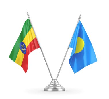 Palau ve Etiyopya masa bayrakları beyaz 3D görüntüleme üzerinde izole