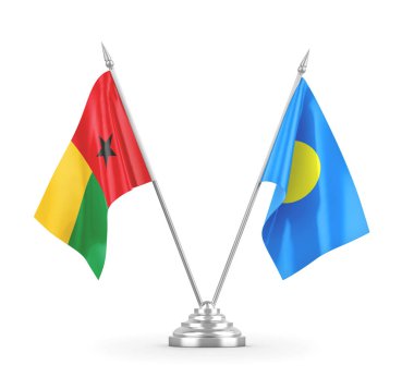 Palau ve Gine-Bissau masa bayrakları beyaz 3D görüntüleme