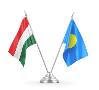 Palau ve Macaristan bayrakları beyaz 3D görüntüleme üzerinde izole edildi