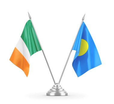 Palau ve İrlanda masa bayrakları beyaz 3D görüntüleme üzerinde izole