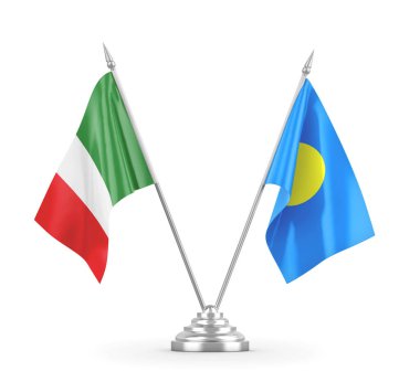 Palau ve İtalya masa bayrakları beyaz 3D görüntüleme üzerinde izole