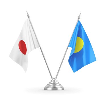 Palau ve Japonya masa bayrakları beyaz 3D görüntüleme üzerinde izole edildi