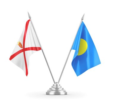 Palau ve Jersey masa bayrakları beyaz 3D görüntülerde izole edildi