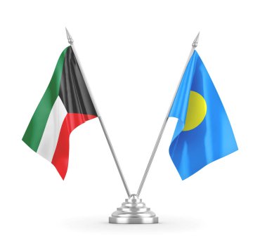 Palau ve Kuveyt masa bayrakları beyaz 3D görüntüleme üzerinde izole