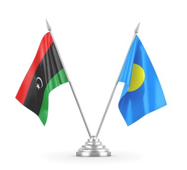 Palau ve Libya masa bayrakları beyaz 3D görüntüleme üzerinde izole edildi