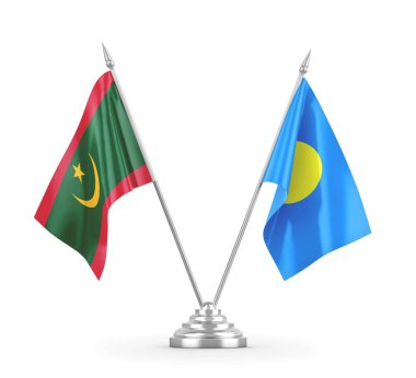 Palau ve Moritanya masa bayrakları beyaz 3D görüntüleme üzerinde izole