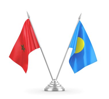 Palau ve Fas masa bayrakları beyaz 3D görüntüleme üzerinde izole edildi