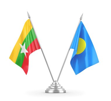 Palau ve Myanmar masa bayrakları beyaz 3D görüntüleme üzerinde izole