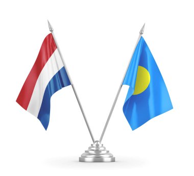 Palau ve Hollanda masa bayrakları beyaz 3D görüntüleme üzerinde izole