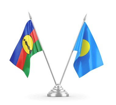 Palau ve Yeni Kaledonya masa bayrakları beyaz 3D görüntüleme üzerinde izole