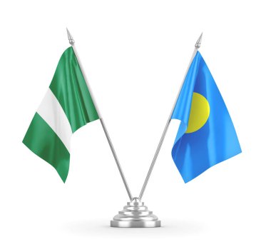 Palau ve Nijerya masa bayrakları beyaz 3D görüntüleme üzerinde izole edildi