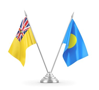 Palau ve Niue masa bayrakları beyaz 3D görüntüleme üzerinde izole