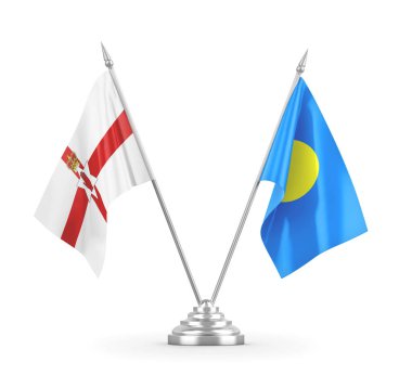 Palau ve Kuzey İrlanda masa bayrakları beyaz 3D görüntüleme üzerinde izole