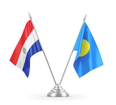 Palau ve Paraguay masa bayrakları beyaz 3D görüntüleme üzerinde izole edildi