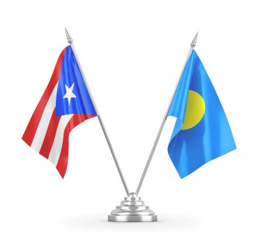 Palau ve Porto Riko masa bayrakları beyaz 3D görüntüleme üzerinde izole