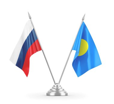 Palau ve Rusya masa bayrakları beyaz 3D görüntüleme üzerinde izole edildi