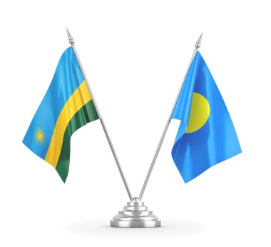 Palau ve Ruanda masa bayrakları beyaz 3D görüntüleme üzerinde izole