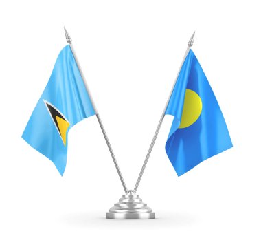 Palau ve Saint Lucia masa bayrakları beyaz 3D görüntülerde izole edildi