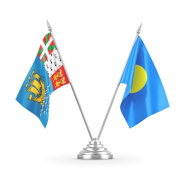 Palau ve Saint Pierre ve Miquelon masa bayrakları beyaz 3D görüntüleme