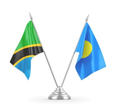 Palau ve Tanzanya masa bayrakları beyaz 3D görüntüleme üzerinde izole