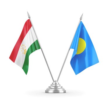 Palau ve Tacikistan masa bayrakları beyaz 3D görüntüleme üzerinde izole edildi