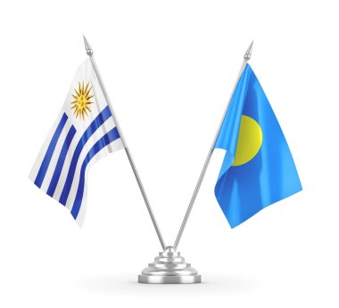 Palau ve Uruguay masa bayrakları beyaz 3D görüntüleme üzerinde izole