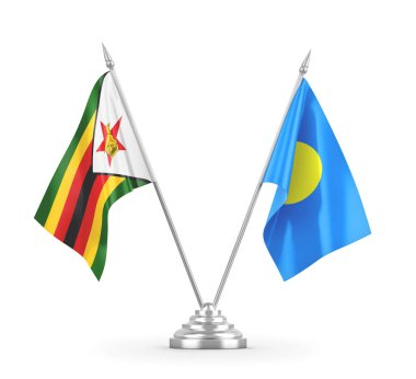Palau ve Zimbabwe masa bayrakları beyaz 3D görüntüleme üzerinde izole