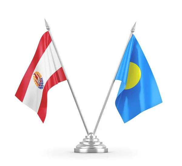 Palau i Polinezja Francuska flagi stołowe izolowane na białym renderingu 3D — Zdjęcie stockowe