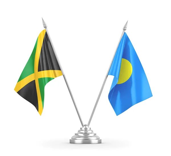帕劳和牙买加在白色3D渲染上隔离的桌旗 — 图库照片