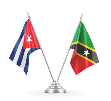Saint Kitts, Nevis ve Küba masa bayrakları beyaz 3D görüntülerde izole edilmiş.