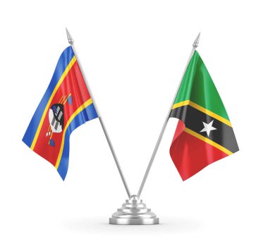 Saint Kitts ve Nevis ve Eswatini Svaziland masa bayrakları beyaz üzerine izole edilmiş.
