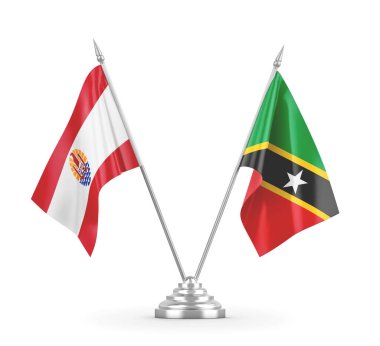 Saint Kitts, Nevis ve Fransız Polinezyası masa bayrakları beyaz üzerine izole edilmiş.
