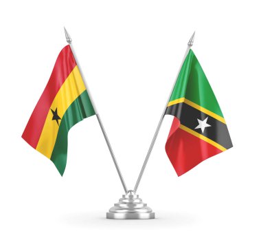 Saint Kitts, Nevis ve Gana masa bayrakları beyaz 3D görüntülerde izole edilmiş.