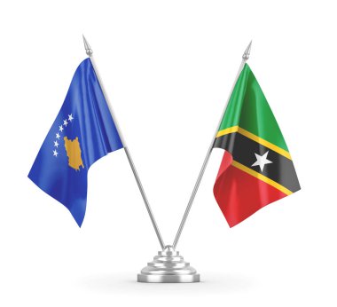 Saint Kitts ve Nevis ve Kosova masa bayrakları beyaz 3D görüntülere izole edildi