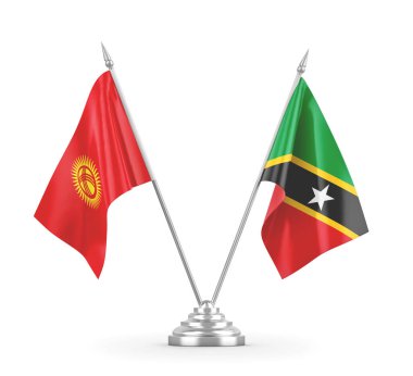Saint Kitts ve Nevis ve Kırgızistan masa bayrakları beyaz 3D görüntüleme üzerinde izole