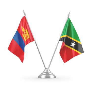Saint Kitts, Nevis ve Moğolistan masa bayrakları beyaz 3D görüntüleme