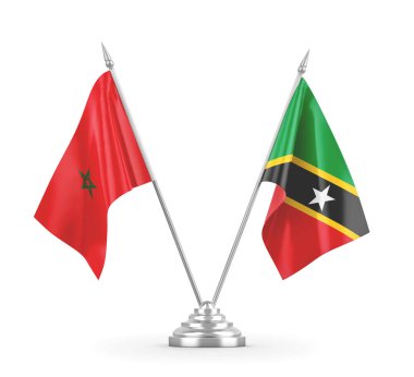 Saint Kitts, Nevis ve Fas masa bayrakları beyaz 3D görüntülerde izole edilmiş.