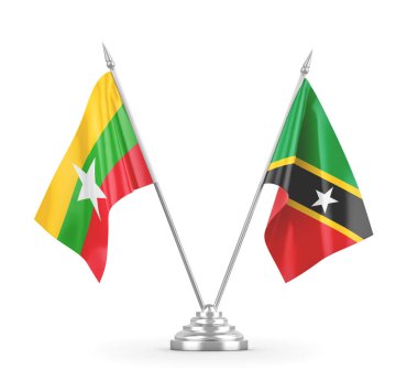 Saint Kitts, Nevis ve Myanmar masa bayrakları beyaz 3D görüntülerde izole edilmiş.