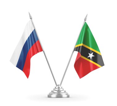 Saint Kitts, Nevis ve Rusya masa bayrakları beyaz 3D görüntülerde izole edilmiş.