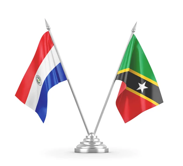 Banderas de mesa Saint Kitts y Nevis y Paraguay aisladas en renderizado 3D blanco — Foto de Stock