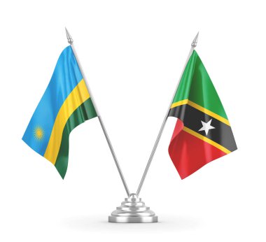 Saint Kitts, Nevis ve Ruanda masa bayrakları beyaz 3D görüntülerde izole edilmiş.