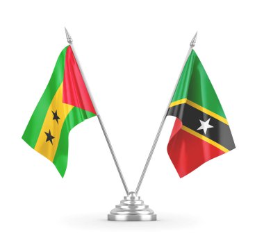 Saint Kitts ve Nevis ve Sao Tome ve Principe masa bayrakları beyaz üzerine izole edilmiş.