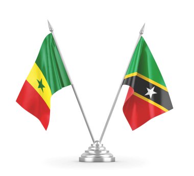 Saint Kitts, Nevis ve Senegal masa bayrakları beyaz 3D görüntülerde izole edilmiş.