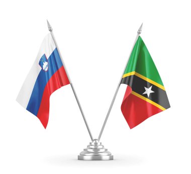 Saint Kitts, Nevis ve Slovenya masa bayrakları beyaz 3D görüntüleme üzerinde izole edildi