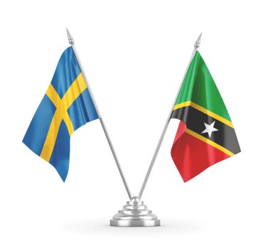 Saint Kitts, Nevis ve İsveç masa bayrakları beyaz 3D görüntülerde izole edilmiş.